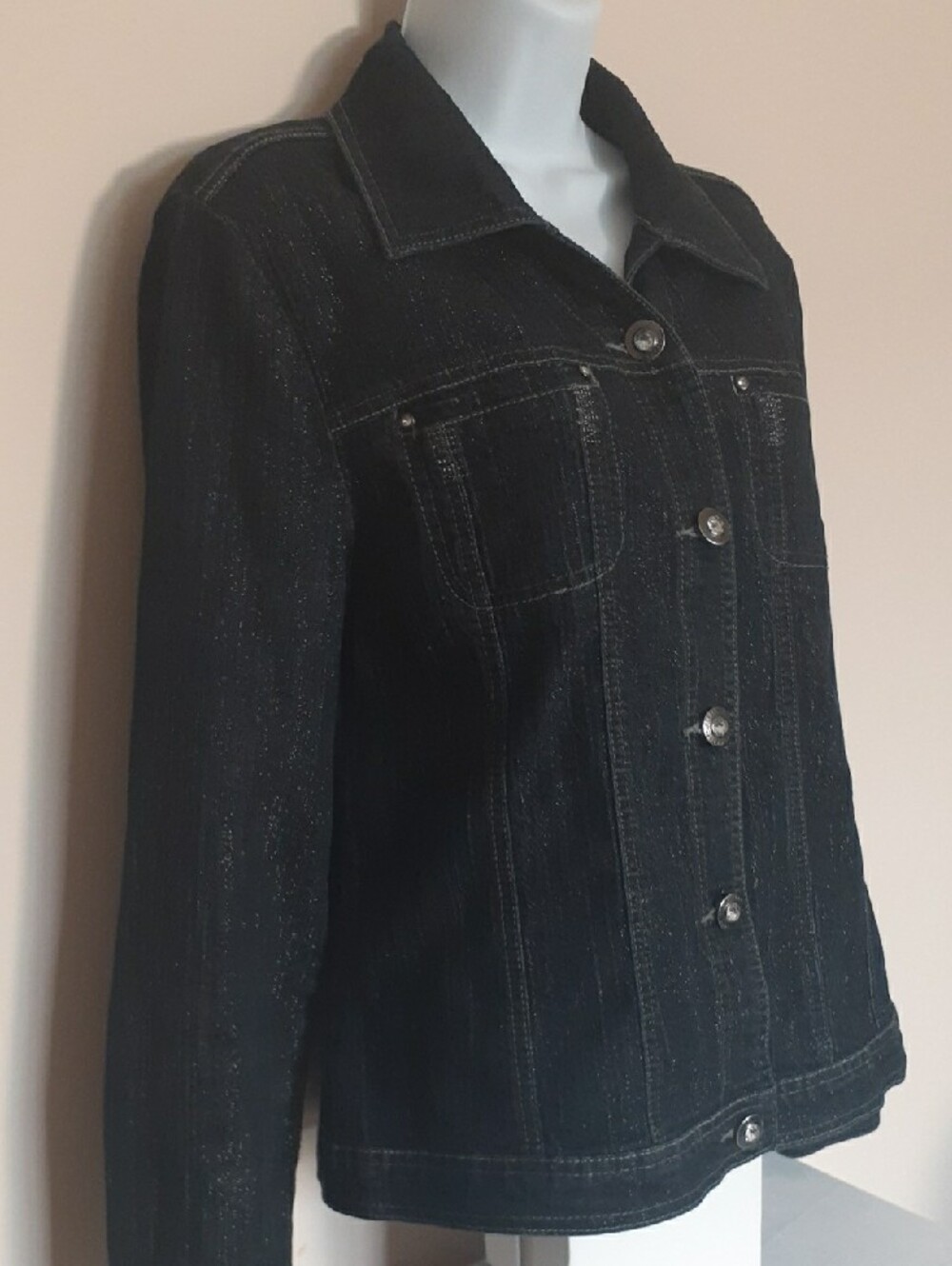 Simon Chang Black Jean Jacket with Subtle Metallic Thread - Sz 10 - Picture 2 of 13